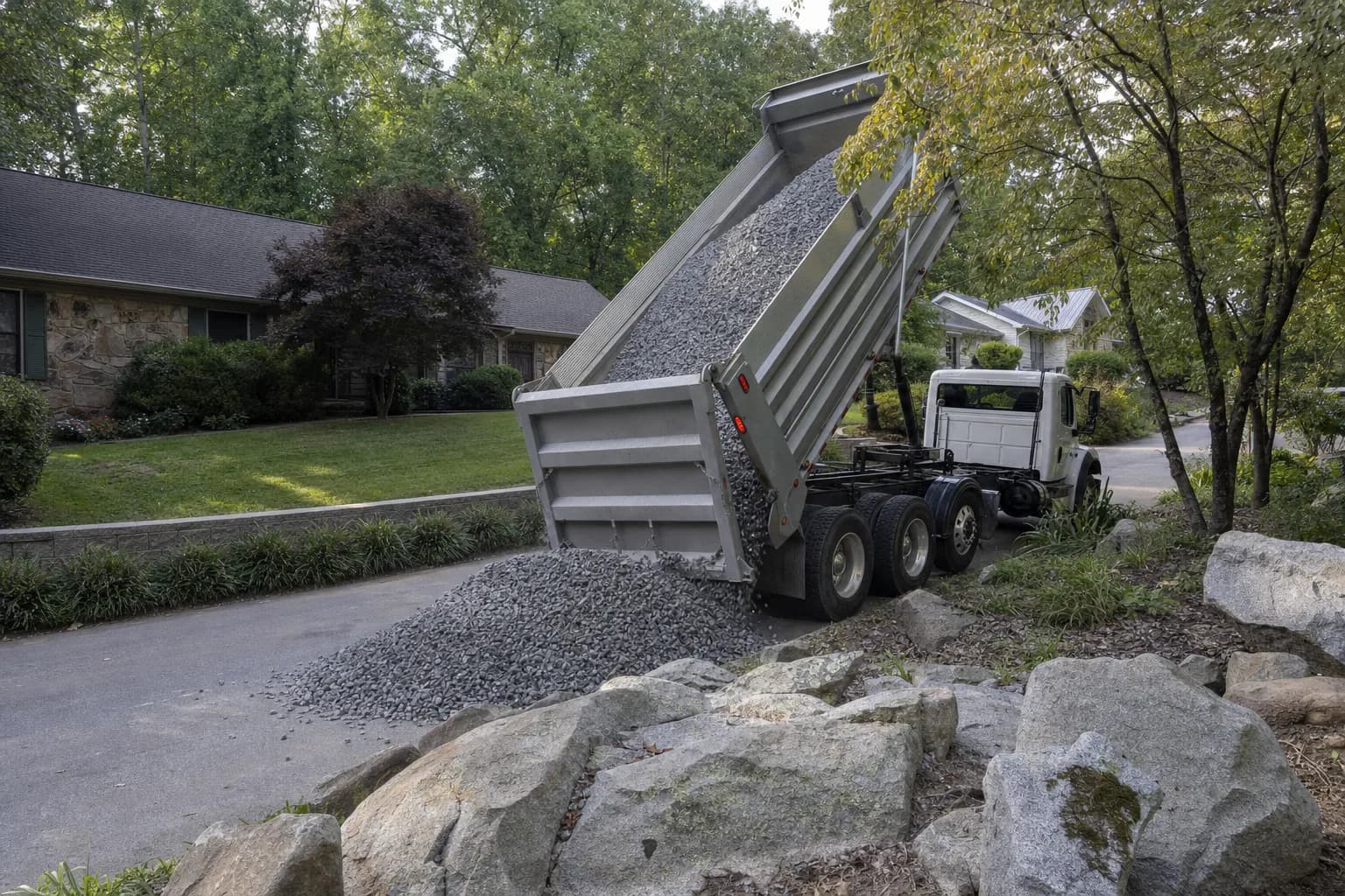Dump truck delivering gravel